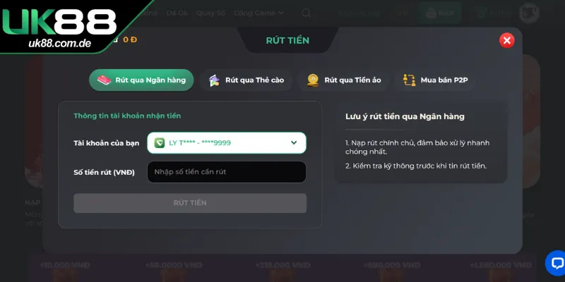 Hướng dẫn quy trình rút tiền UK88 bằng hình thức ngân hàng